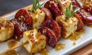 Käse-Wurstspieße mit Senfglasur