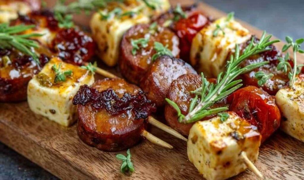 Käse-Wurstspieße mit Senfglasur