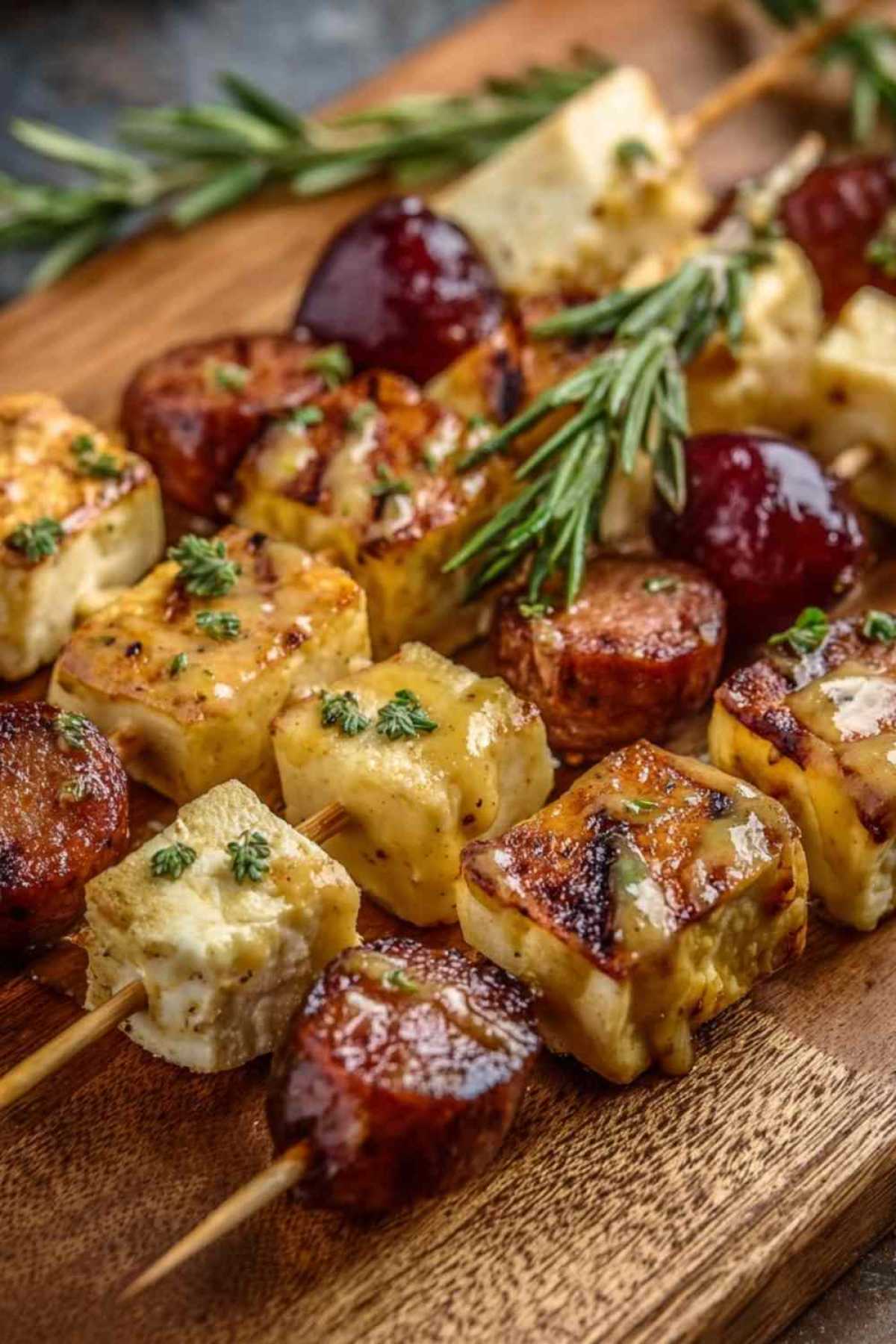 Käse-Wurstspieße mit Senfglasur