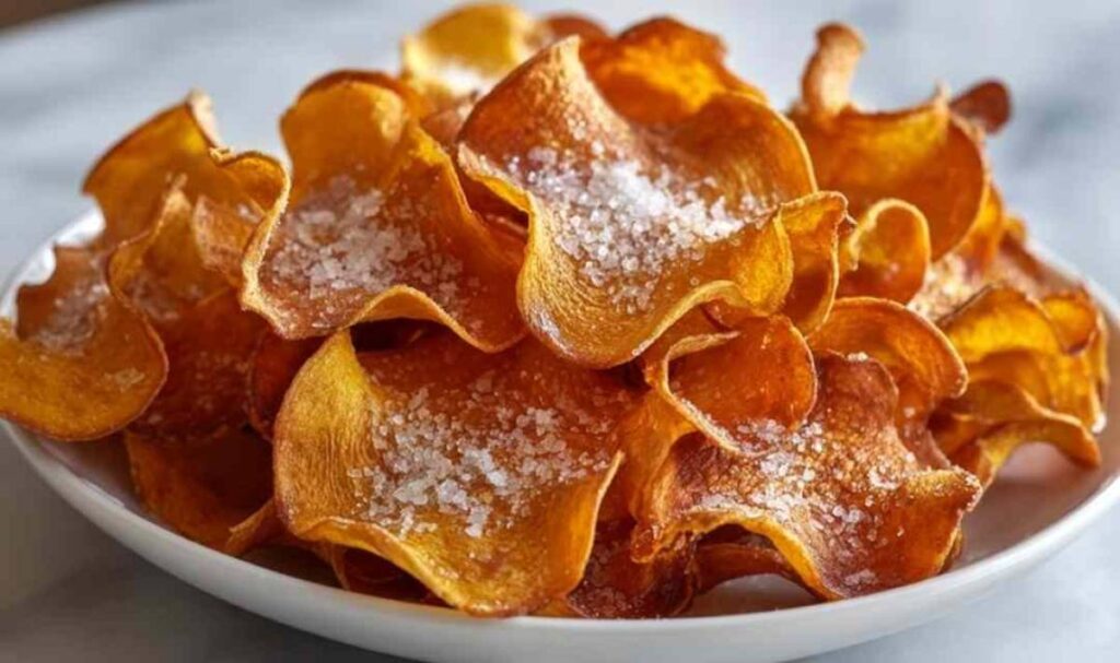 Knusprige Kürbis-Chips mit Meersalz auf Backblech nach dem Backen