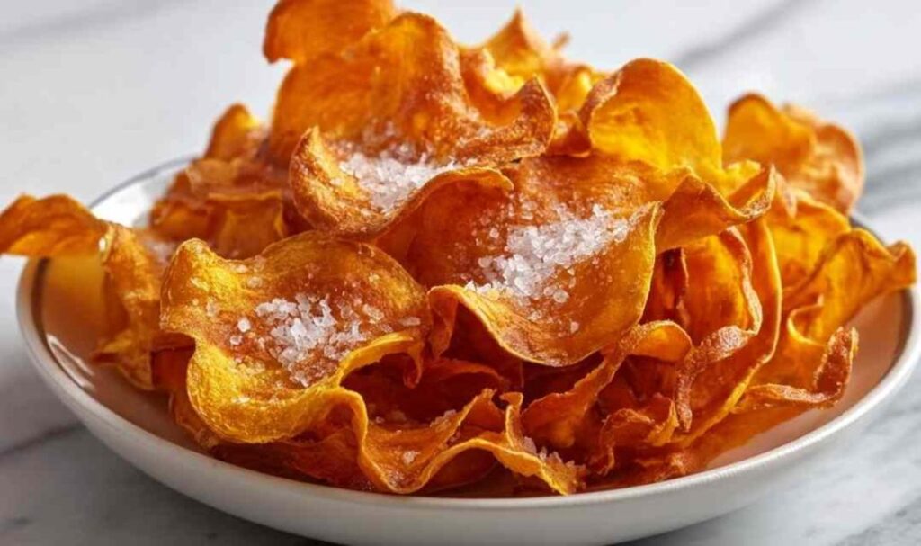 Knusprige Kürbis-Chips mit Meersalz auf Backblech nach dem Backen