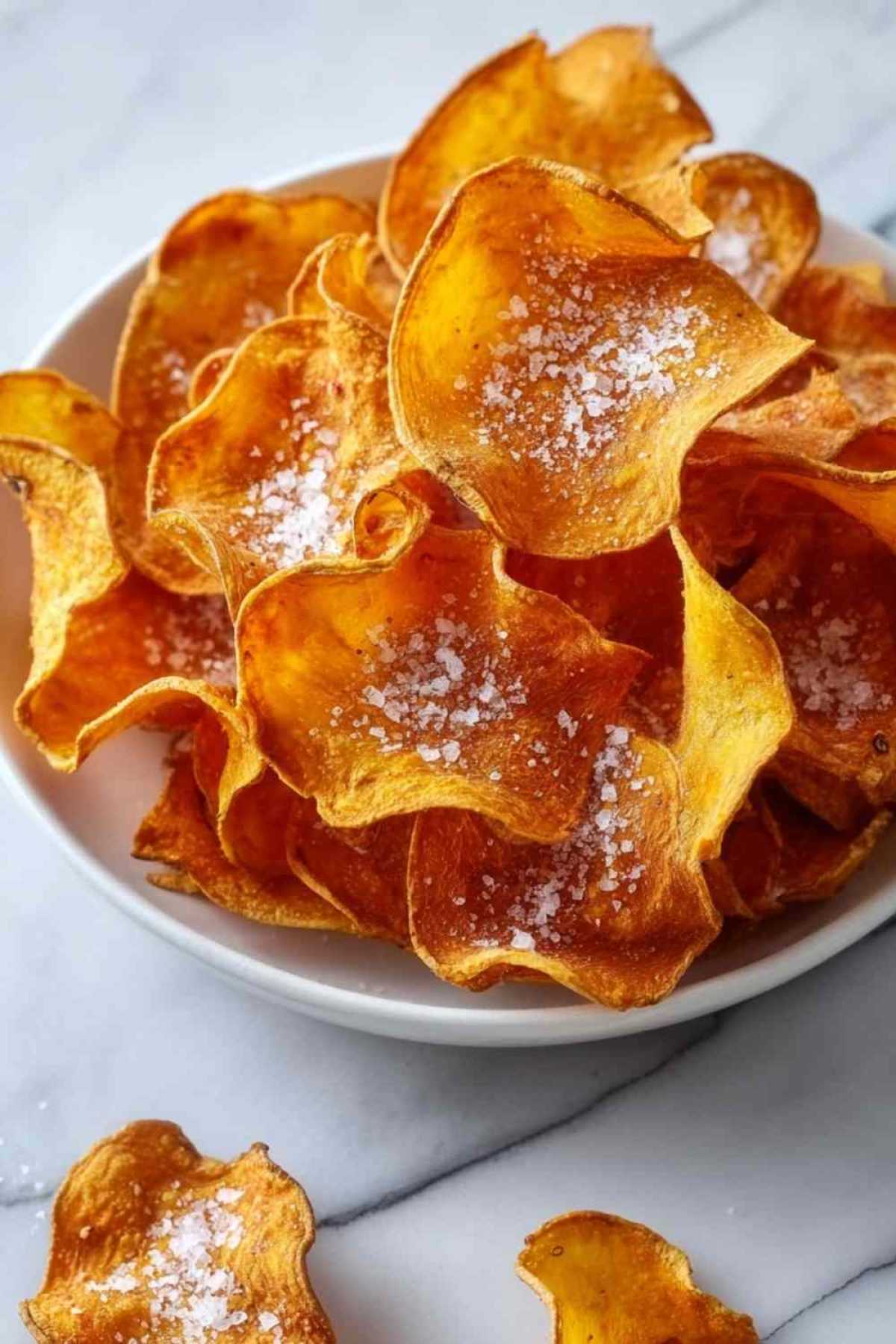 Knusprige Kürbis-Chips mit Meersalz auf Backblech nach dem Backen