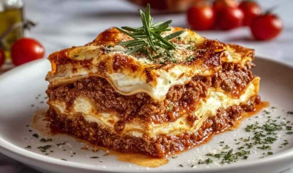 Parmesan Knoblauch Käseburger Lasagne mit goldbrauner Käsekruste direkt aus dem Ofen