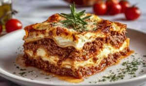 Parmesan Knoblauch Käseburger Lasagne mit goldbrauner Käsekruste direkt aus dem Ofen