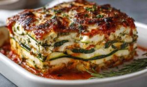 Zucchini-Lasagne mit Ricotta in Auflaufform geschichtet mit Käse bestreut vor dem Backen
