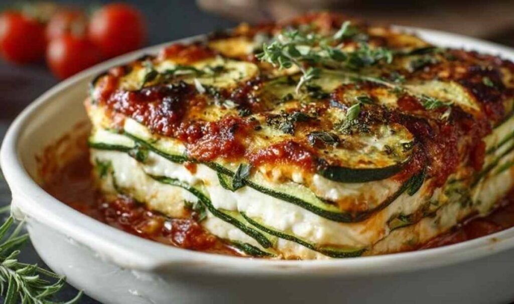 Zucchini-Lasagne mit Ricotta in Auflaufform geschichtet mit Käse bestreut vor dem Backen