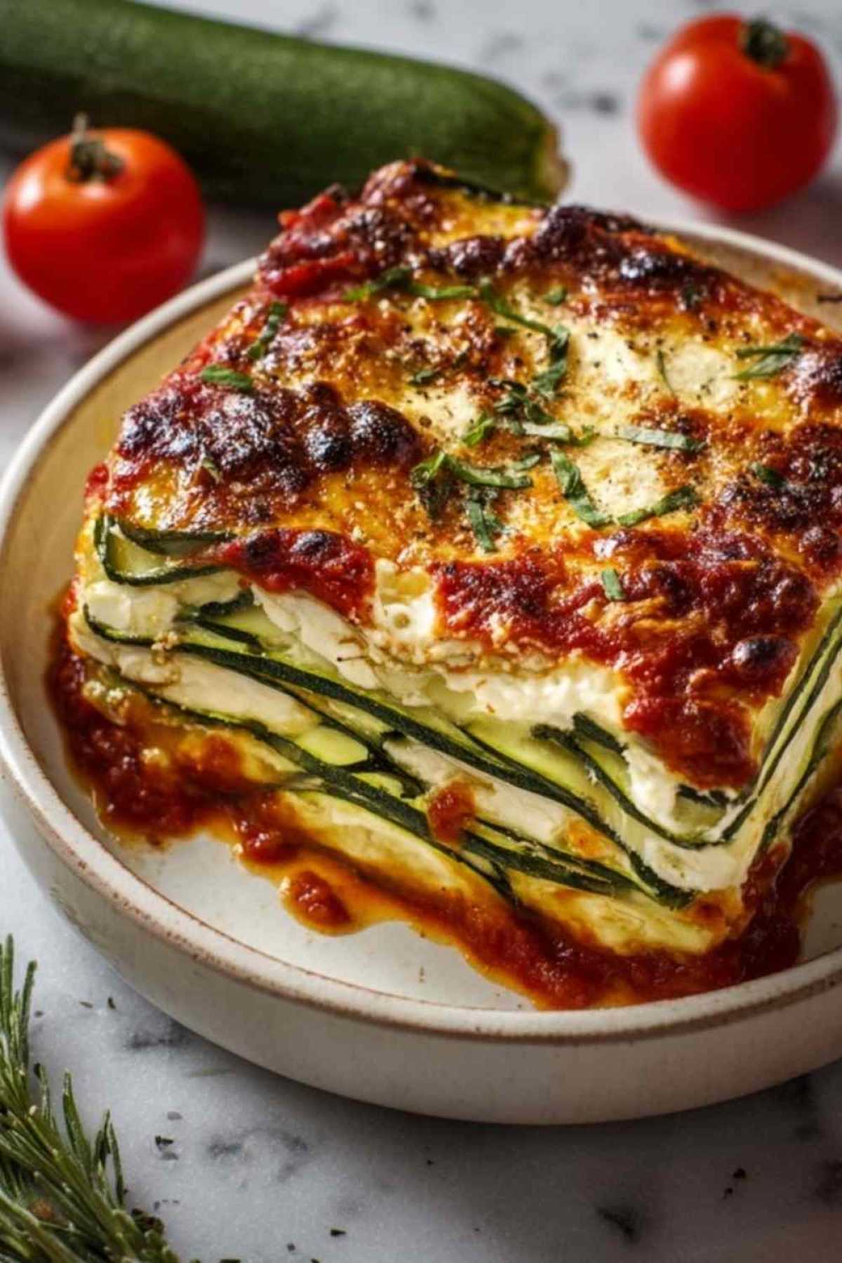 Zucchini-Lasagne mit Ricotta in Auflaufform geschichtet mit Käse bestreut vor dem Backen