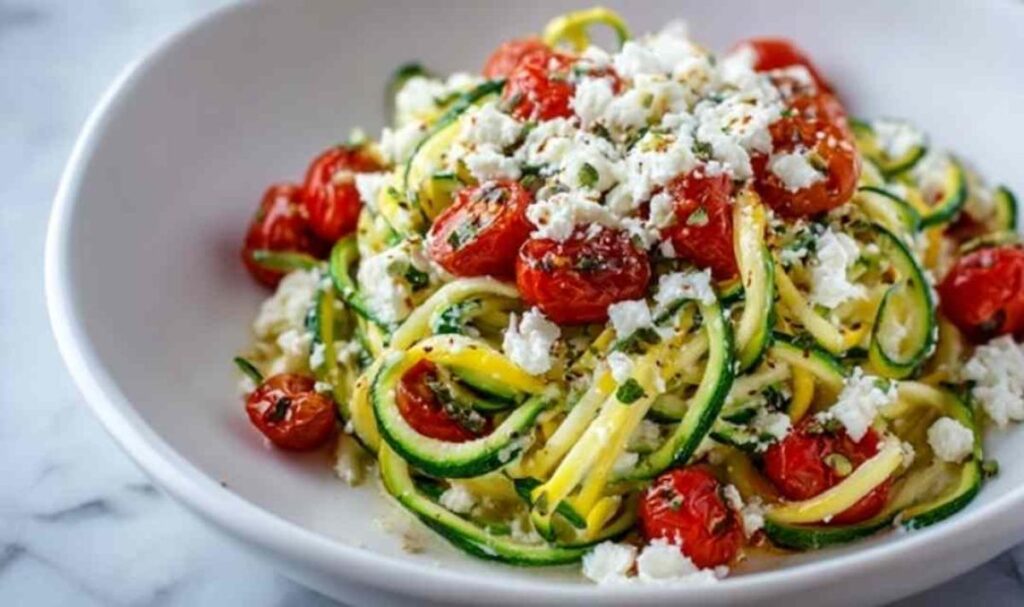 Zucchini-Pasta mit Feta und Kirschtomaten