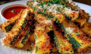 Goldbraune Zucchini-Streifen mit Parmesan-Crust frisch aus dem Ofen auf Backpapier