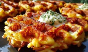 Knusprige Kartoffel-Käse-Waffeln auf weißem Teller mit Sour Cream und Schnittlauch garniert