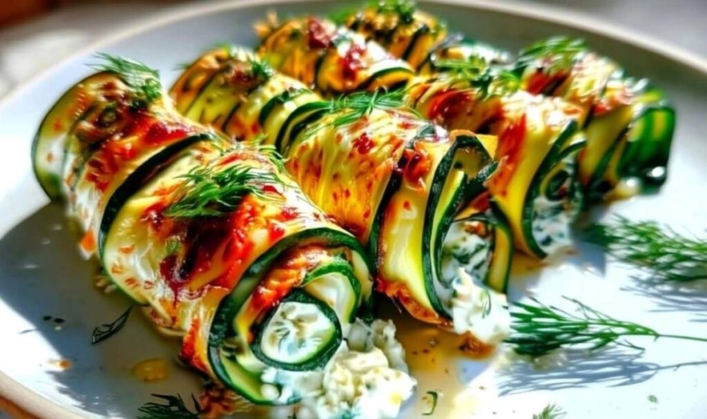 Zucchiniröllchen mit Feta-Kräuter-Creme auf weißem Teller mit frischen Kräutern garniert