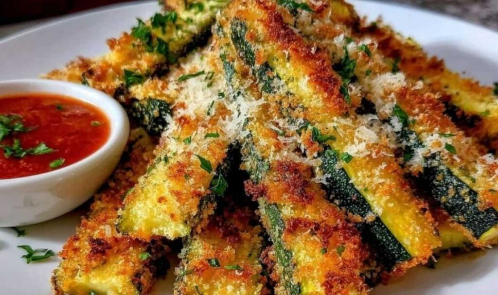 Zucchini-Streifen mit Parmesan-Crust serviert mit cremigem Knoblauchdip auf weißem Teller