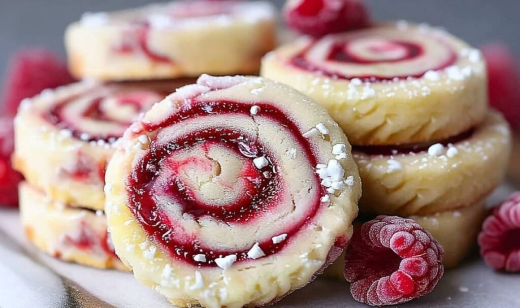 Frisch gebackene Himbeer-Wirbel Shortbread Kekse Alt Text: