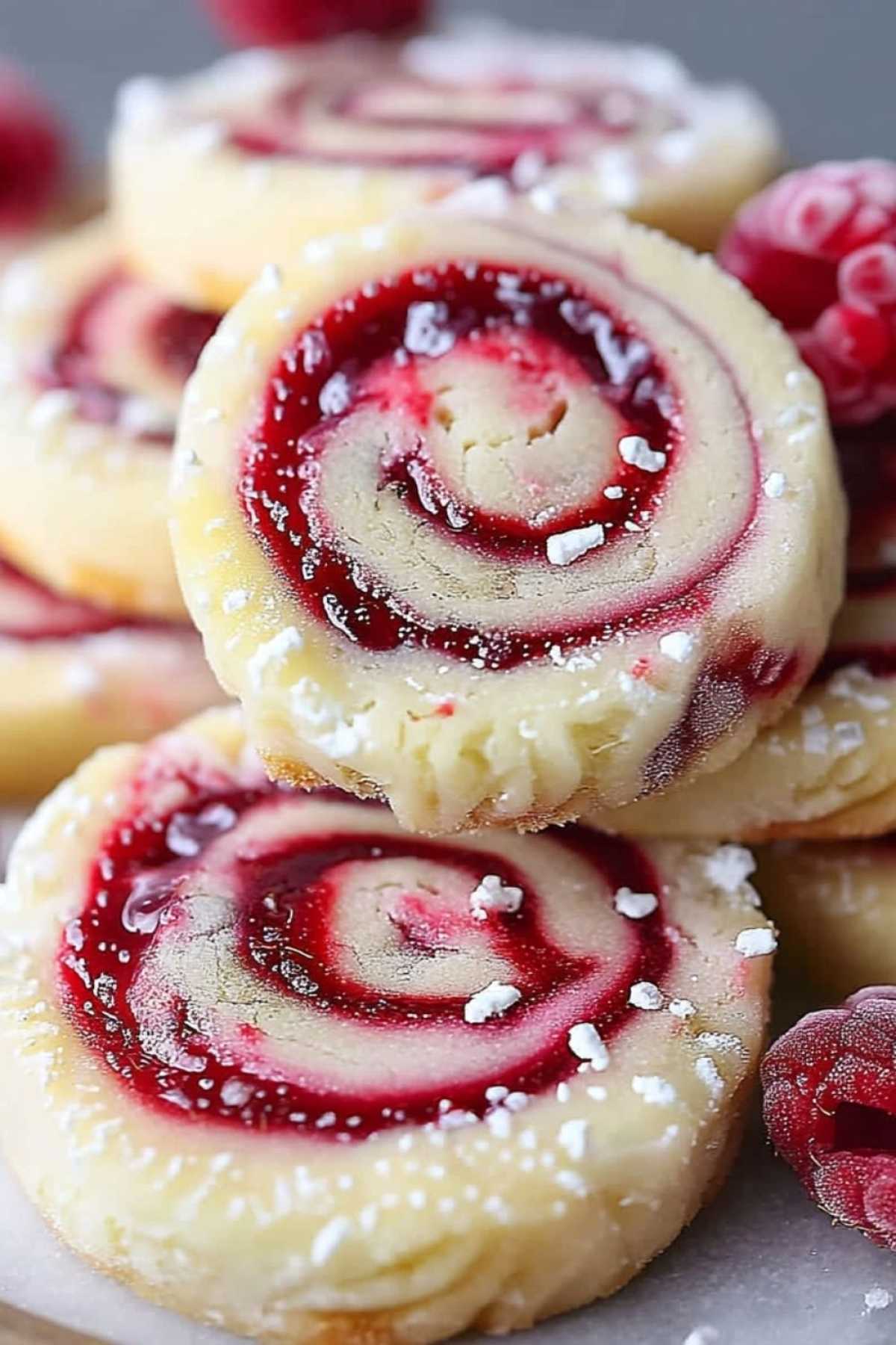 Gestapelte Himbeer-Wirbel Shortbread Kekse mit Puderzucker bestäubt zeigen hübsche Spiralmuster