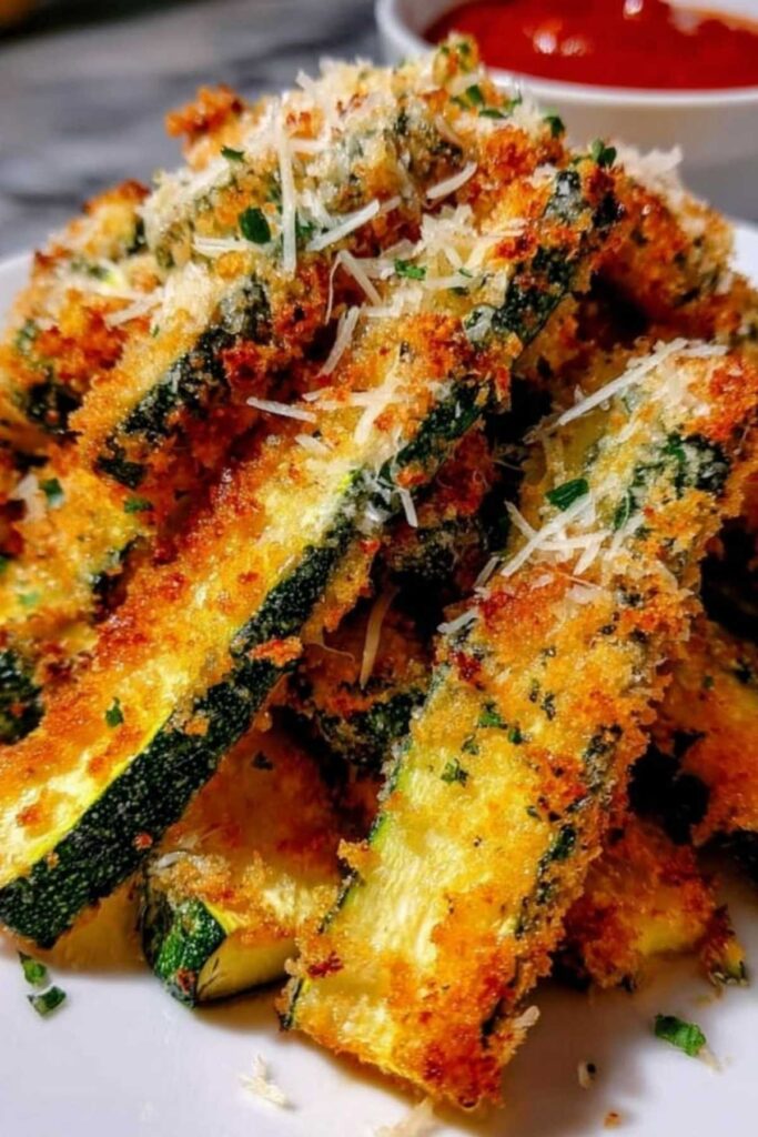 Zucchini-Streifen mit Parmesan-Crust serviert mit cremigem Knoblauchdip auf weißem Teller