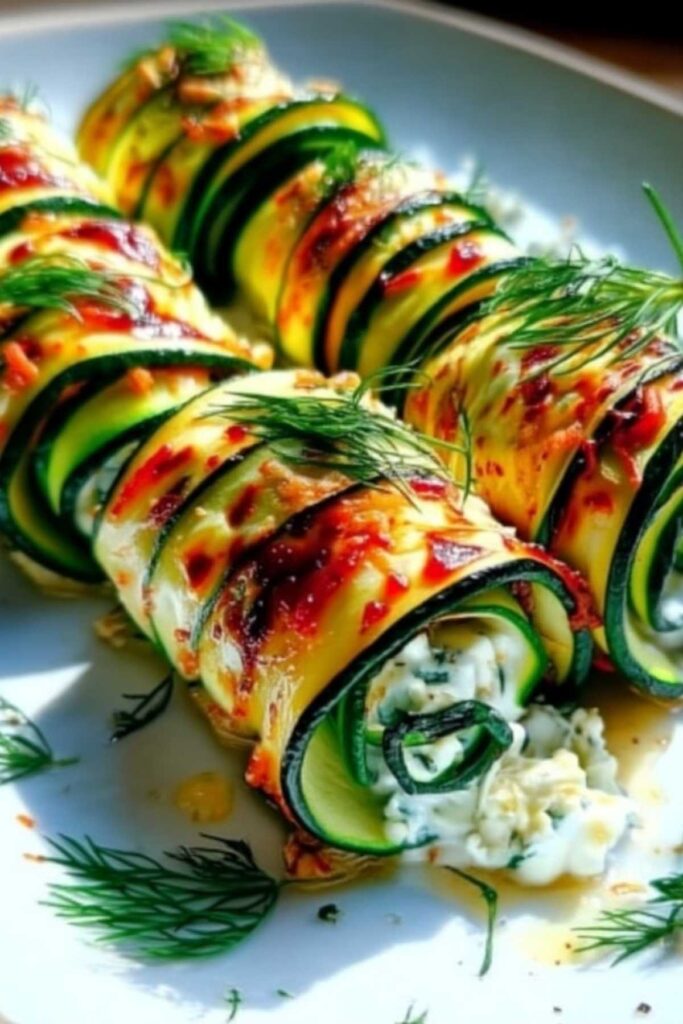 Zucchiniröllchen mit Feta-Kräuter-Creme auf weißem Teller mit frischen Kräutern garniert