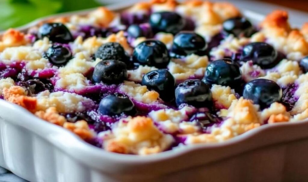 Blaubeer-Hüttenkäse Frühstücks-Bake in Auflaufform mit goldbrauner Oberfläche und saftigen Blaubeeren