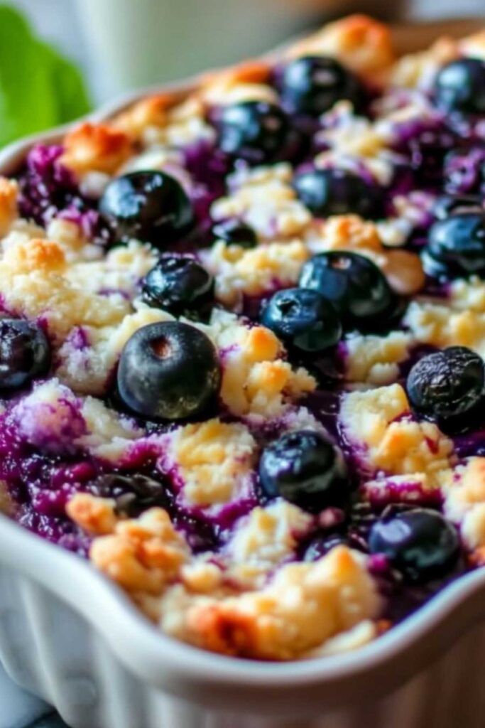 Blaubeer-Hüttenkäse Frühstücks-Bake in Auflaufform mit goldbrauner Oberfläche und saftigen Blaubeeren