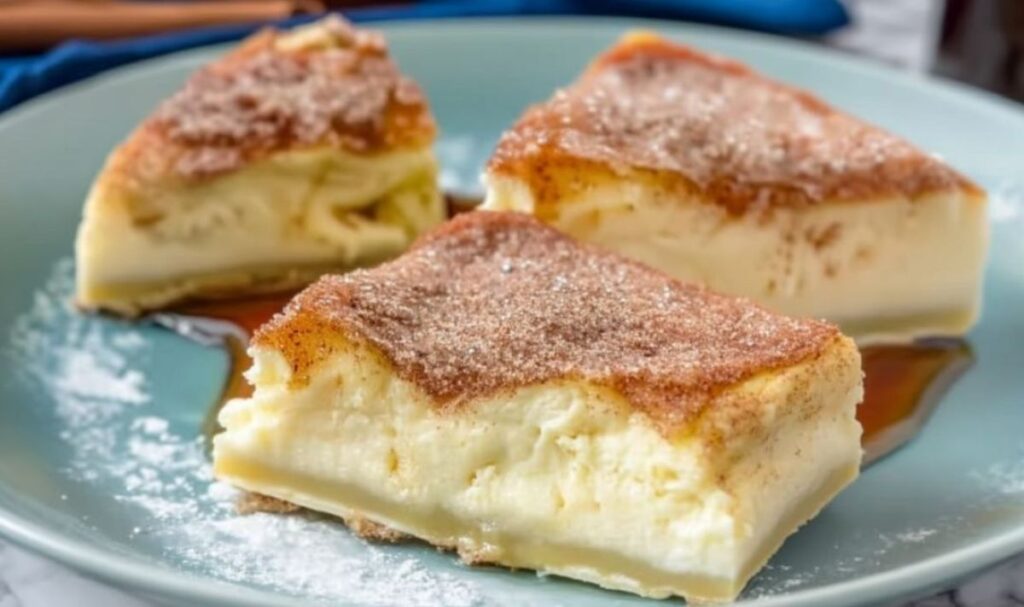 Churro Cheesecake Schnitten mit goldbraunem Blätterteig und Zimt-Zucker-Kruste in rechteckiger Backform