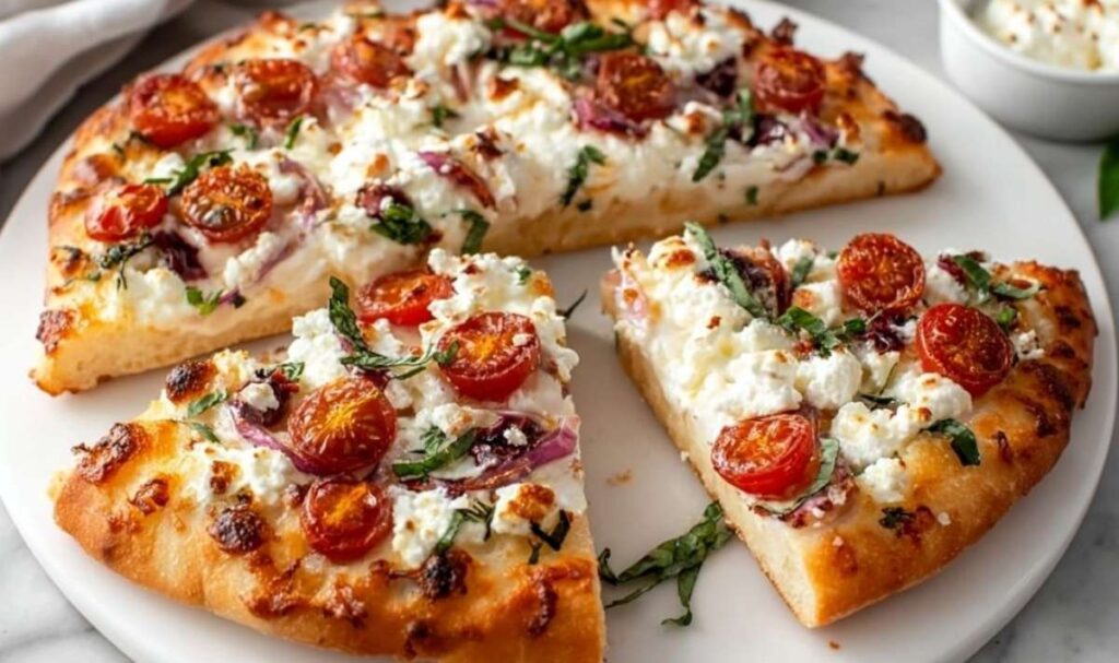 Cottage Cheese Pizza mit Hüttenkäse Mozzarella Pepperoni und Basilikum frisch aus dem Ofen