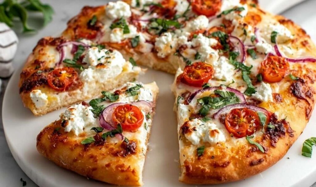 Cottage Cheese Pizza mit Hüttenkäse Mozzarella Pepperoni und Basilikum frisch aus dem Ofen