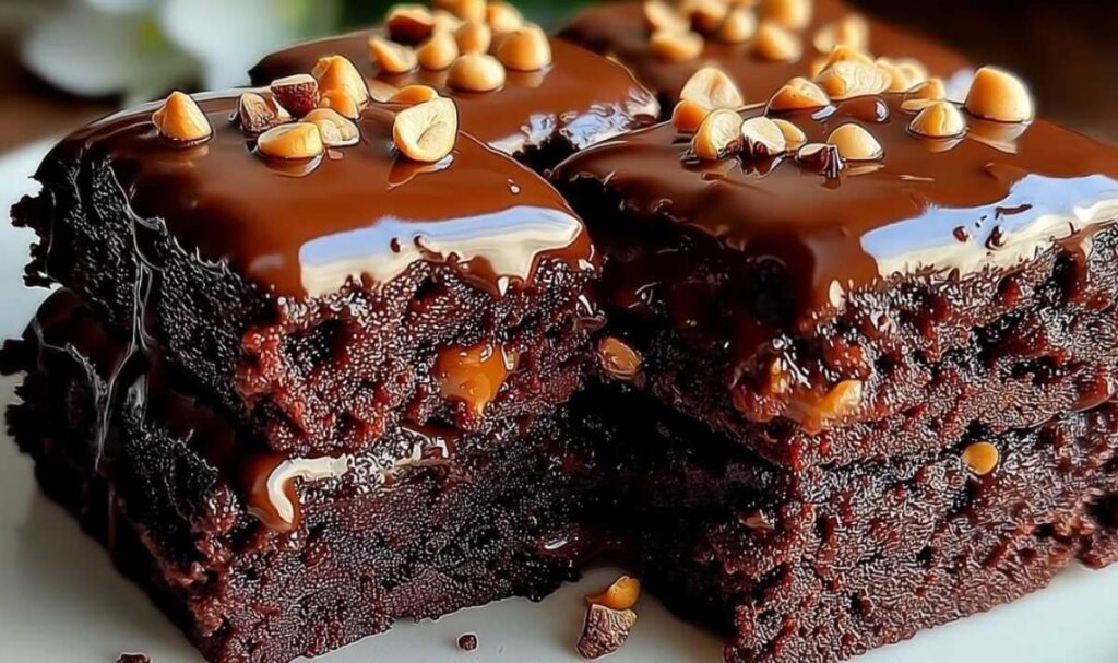 Gesunde Brownies mit dunkler Schokoladenglasur und gehackten Nüssen auf Backpapier