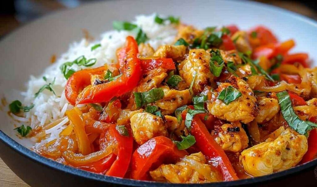 Hähnchen-Pfanne mit Paprika & Reis