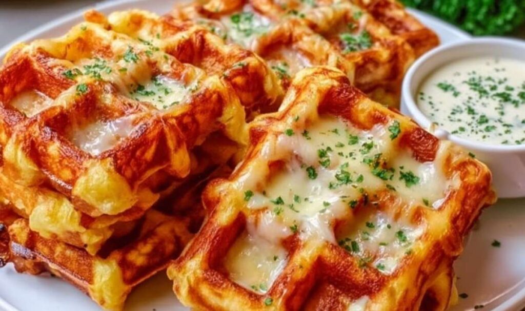 Goldbraune Zwiebel-Käse-Waffeln auf weißem Teller mit Knoblauchrahm garniert