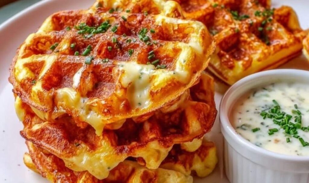 Goldbraune Zwiebel-Käse-Waffeln auf weißem Teller mit Knoblauchrahm garniert