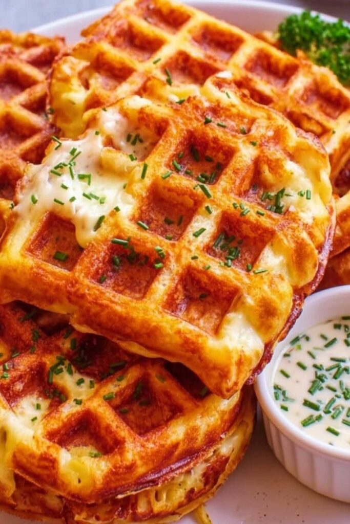 Nahaufnahme von knuspriger Zwiebel-Käse-Waffel mit sichtbarem geschmolzenem Käse