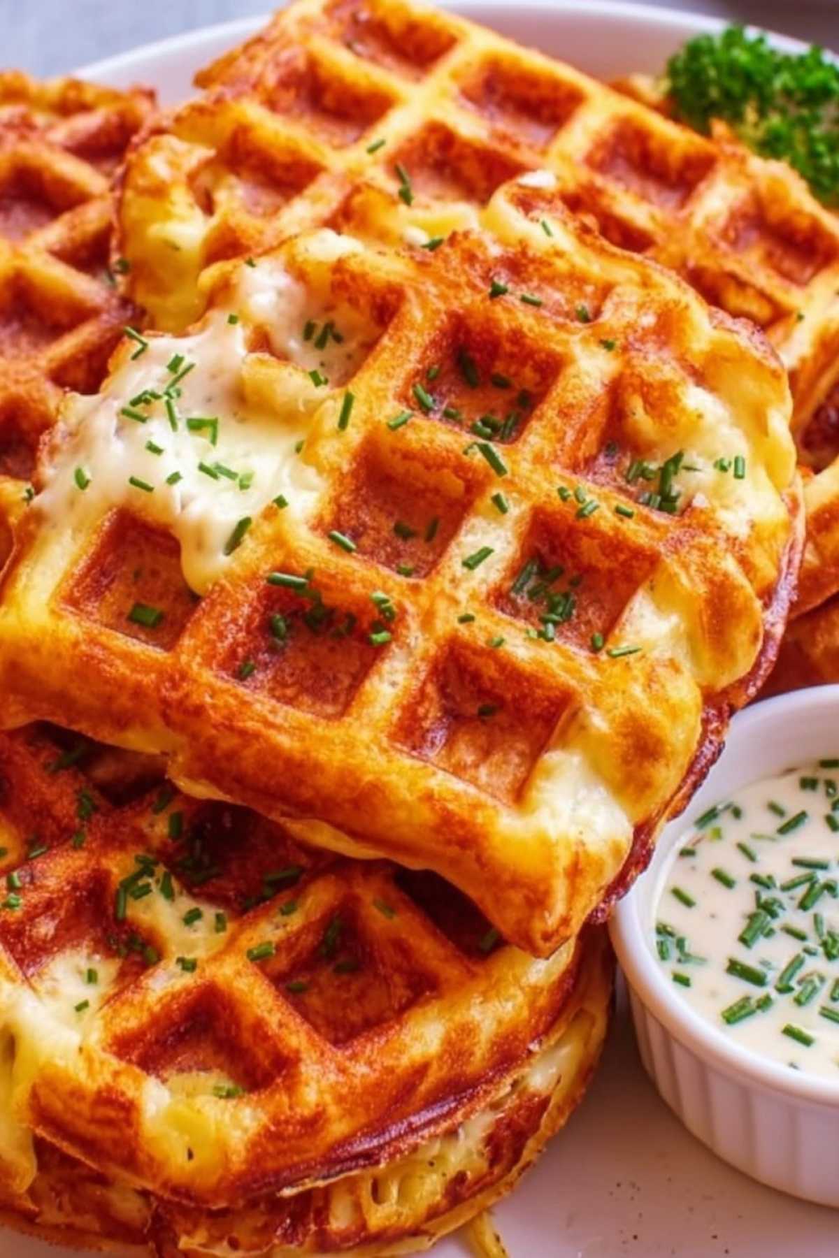 Nahaufnahme von knuspriger Zwiebel-Käse-Waffel mit sichtbarem geschmolzenem Käse