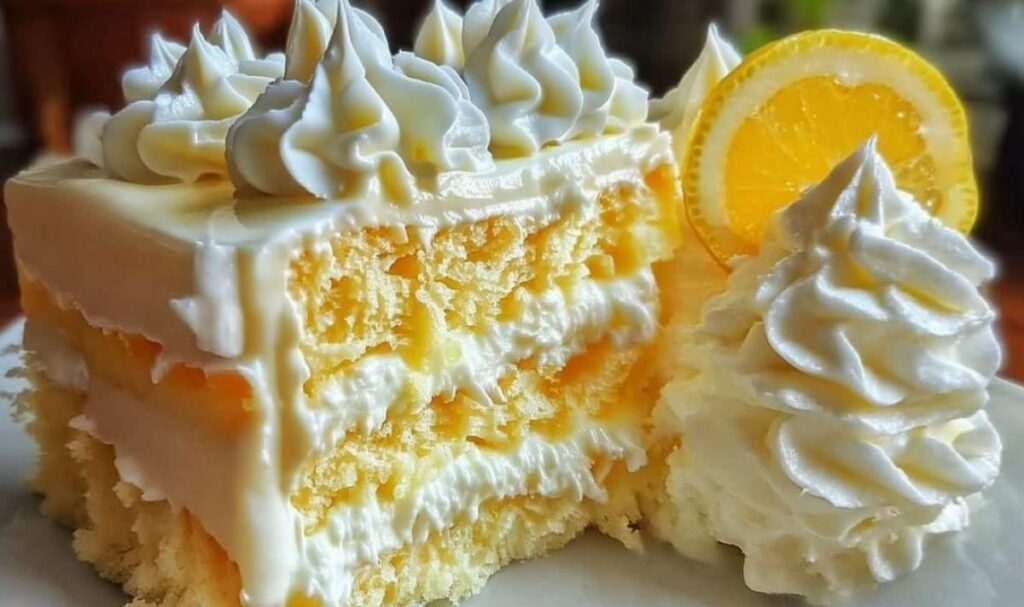 Italienischer Zitronencreme Kuchen auf weißer Kuchenplatte mit sichtbarer cremiger Zitronenschicht