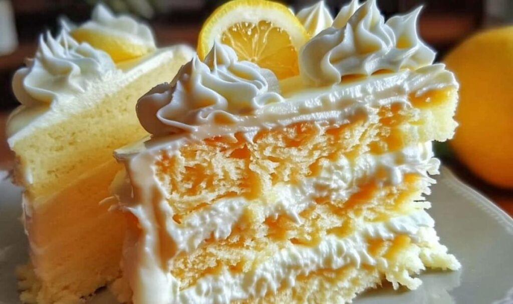 Italienischer Zitronencreme Kuchen auf weißer Kuchenplatte mit sichtbarer cremiger Zitronenschicht