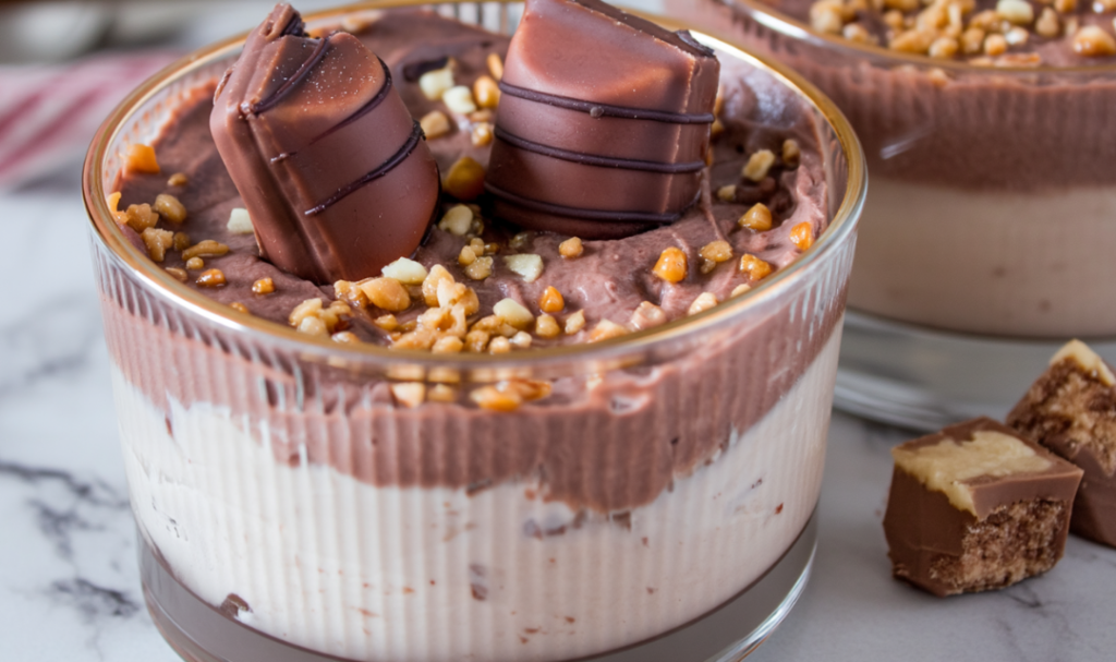 Kinder Bueno Dessert in Dessertglas mit cremigen Schichten und Haselnusskrokant Topping