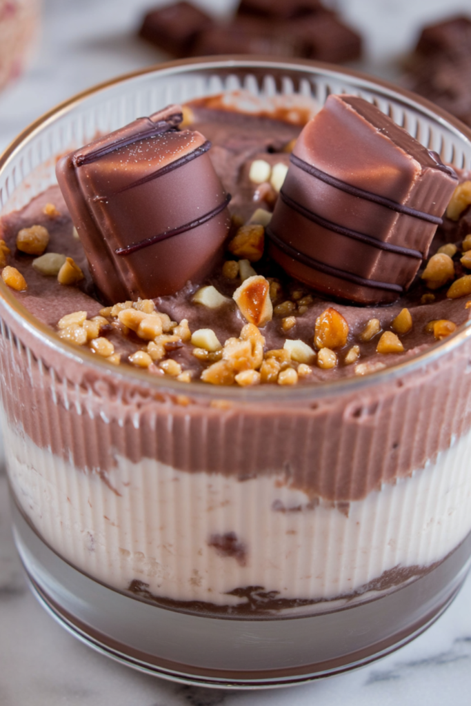 Nahaufnahme von Kinder Bueno Dessert mit Löffel zeigt cremige Textur und Schokoladenstückchen