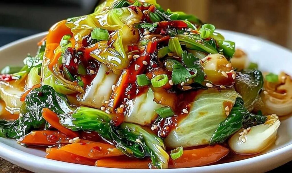 Serviertes Chinakohl-Pfannengericht auf weißem Teller mit Reis als Beilage