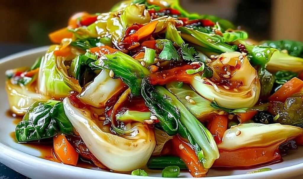 Köstliches Chinakohl-Pfannengericht in großer Pfanne mit buntem Gemüse und Sojasauce