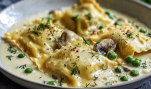 Maultaschen werden in cremiger Käse-Sahne-Soße in der Pfanne geschwenkt