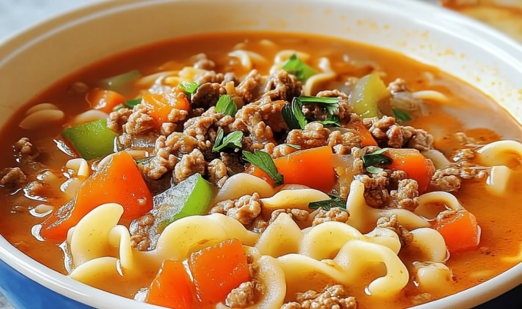 Dampfende Nudel-Hack-Suppe in rustikaler Schüssel