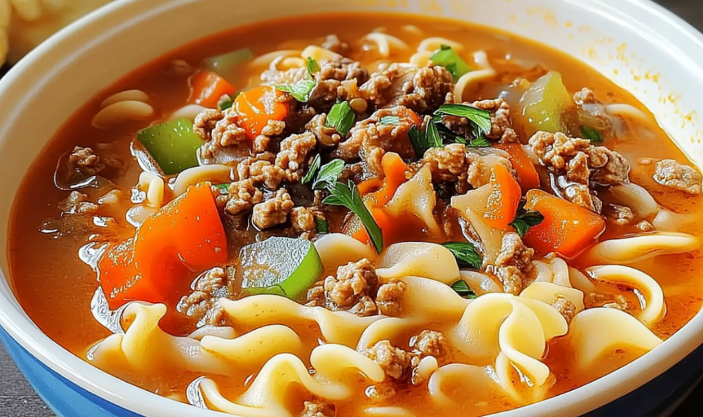 Dampfende Nudel-Hack-Suppe in rustikaler Schüssel