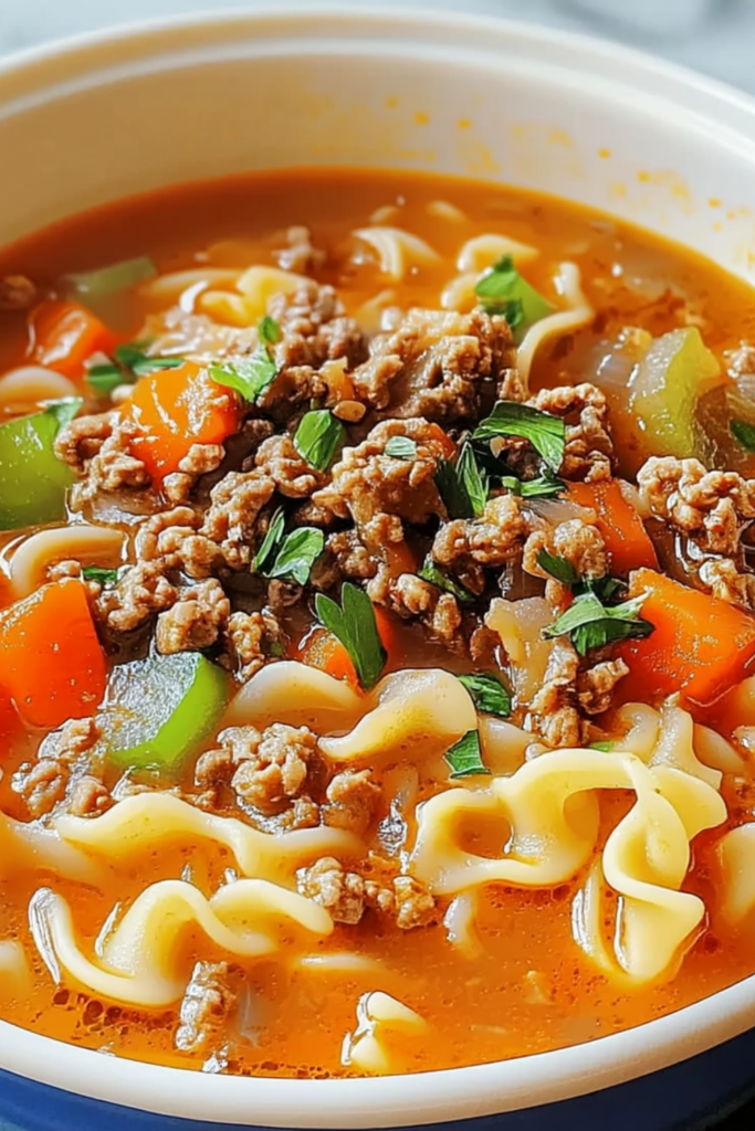 Nahaufnahme von Nudel-Hack-Suppe auf Löffel zeigt Hackfleisch, Karotten und Nudeln