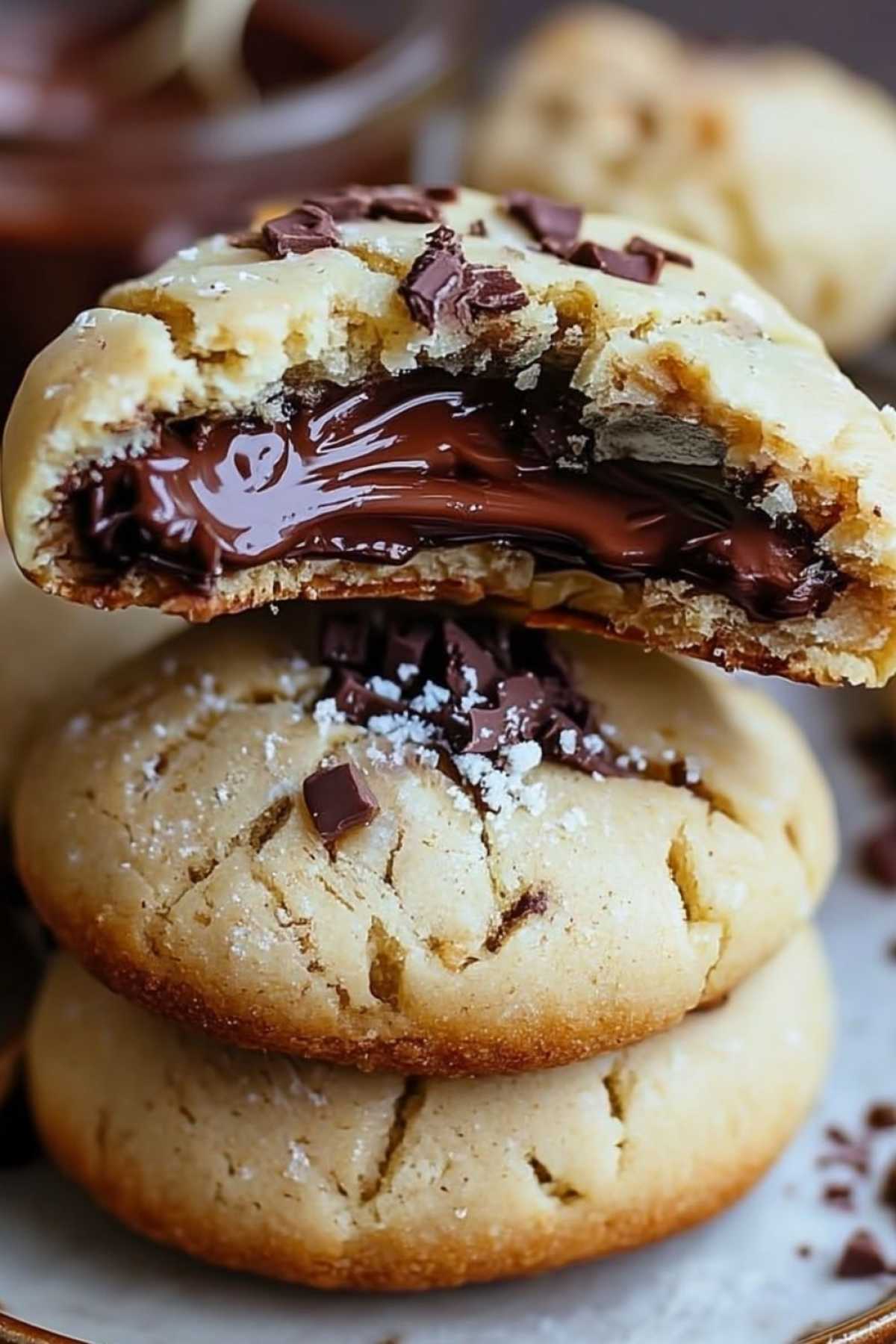 Aufgebrochener Nutella gefüllter Keks zeigt cremige Schokoladenfüllung innen