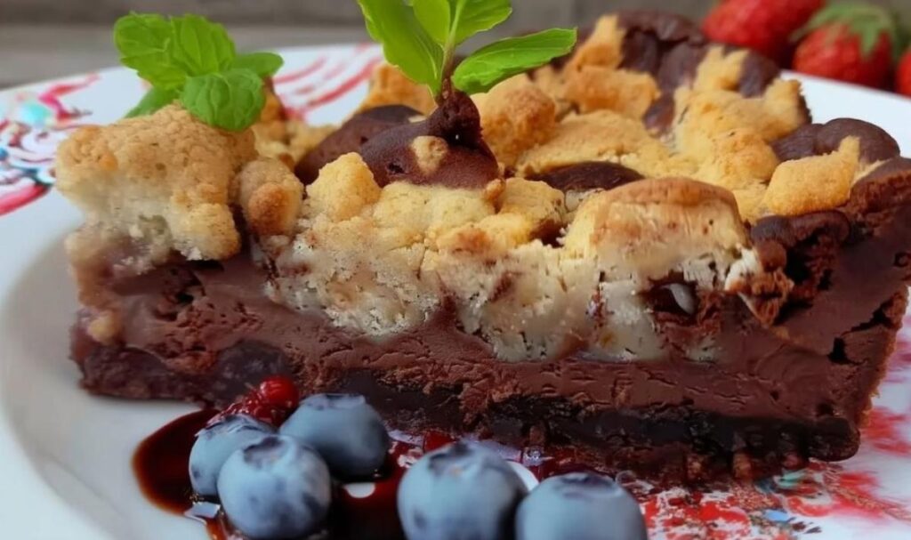 Nutellatorte mit Streuseln auf weißer Kuchenplatte mit buttrigen Haselnussstreuseln