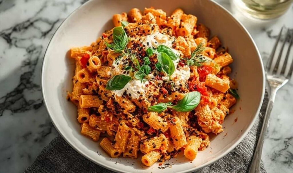 Protein Nudeln mit Hüttenkäse serviert in weißer Schüssel mit frischem Gemüse