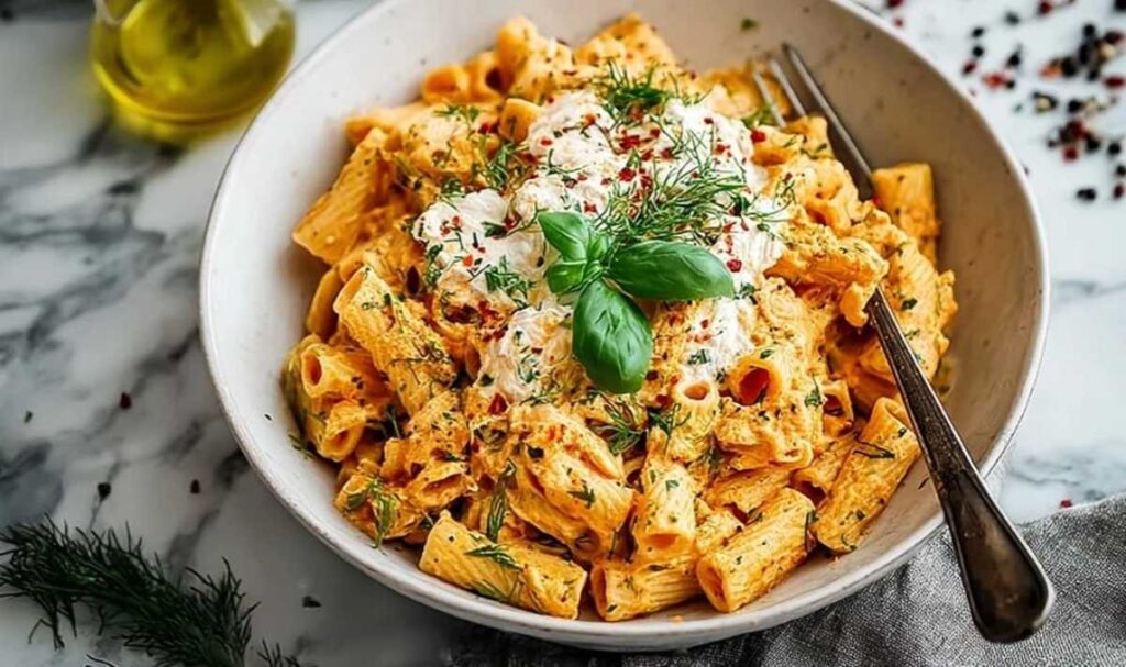 Protein Nudeln mit Hüttenkäse serviert in weißer Schüssel mit frischem Gemüse