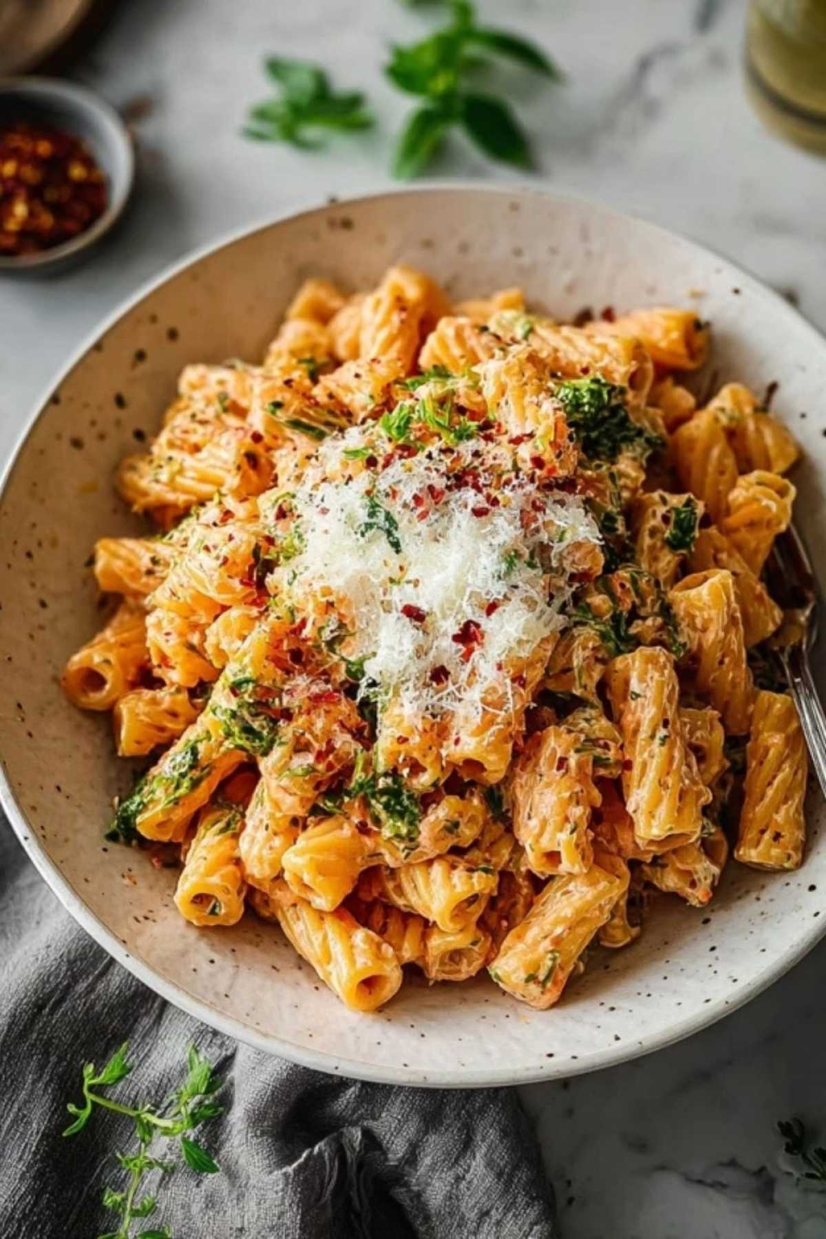 Nahaufnahme von Protein Nudeln mit cremigem Hüttenkäse und buntem Gemüse