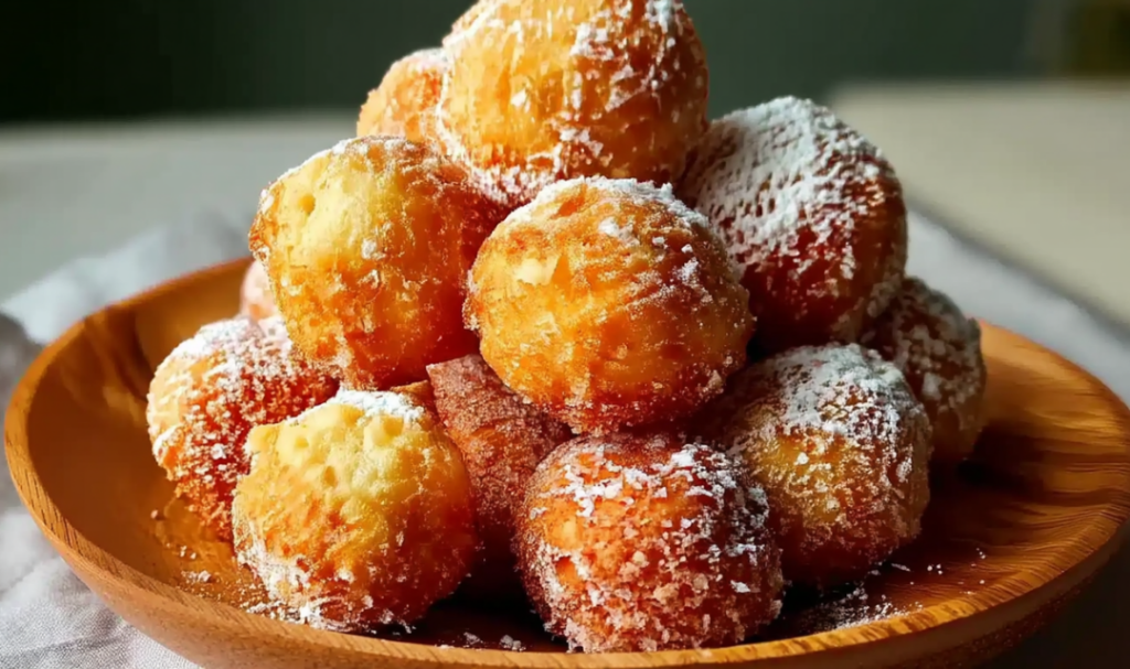 Goldbraune Quarkbällchen aus dem Airfryer auf weißem Teller mit Puderzucker bestäubt