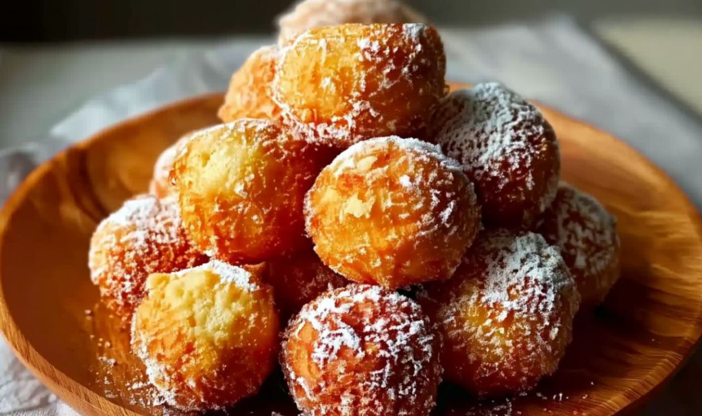 Goldbraune Quarkbällchen aus dem Airfryer auf weißem Teller mit Puderzucker bestäubt