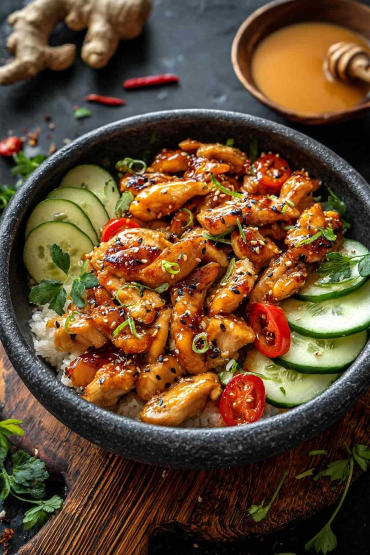 Scharfe Honig-Ingwer-Hühnchen-Bowl