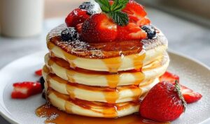 Fluffige Soufflé-Pfannkuchen gestapelt mit Karamellsoße und Erdbeeren serviert